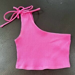 Aerie Pink One Shoulder tie extreme crop Ribbed Top